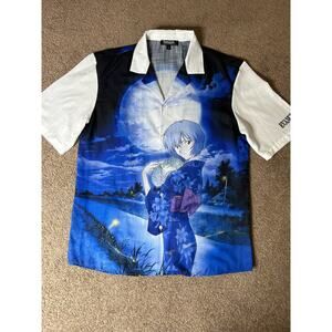Vintage Evangelion Rei Ayanami Anime Open Collar Button-Up Big Print Shirt
